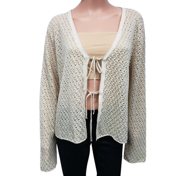 MANGO MNG Lurex Knitted Cardigan Sweater Women Plus 3XL Cream Gold Tie front - Picture 5 of 14